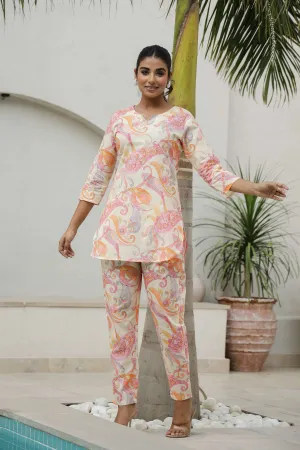 Cream & Coral Printed Co-Ord Set for Women – Elegant Summer Style