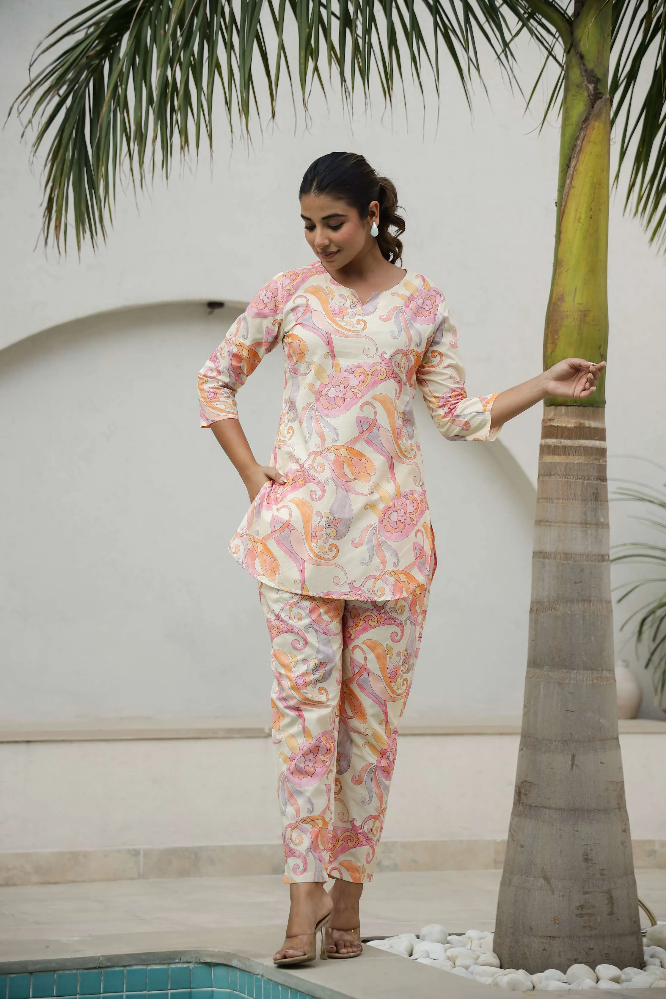 Cream & Coral Printed Co-Ord Set for Women – Elegant Summer Style