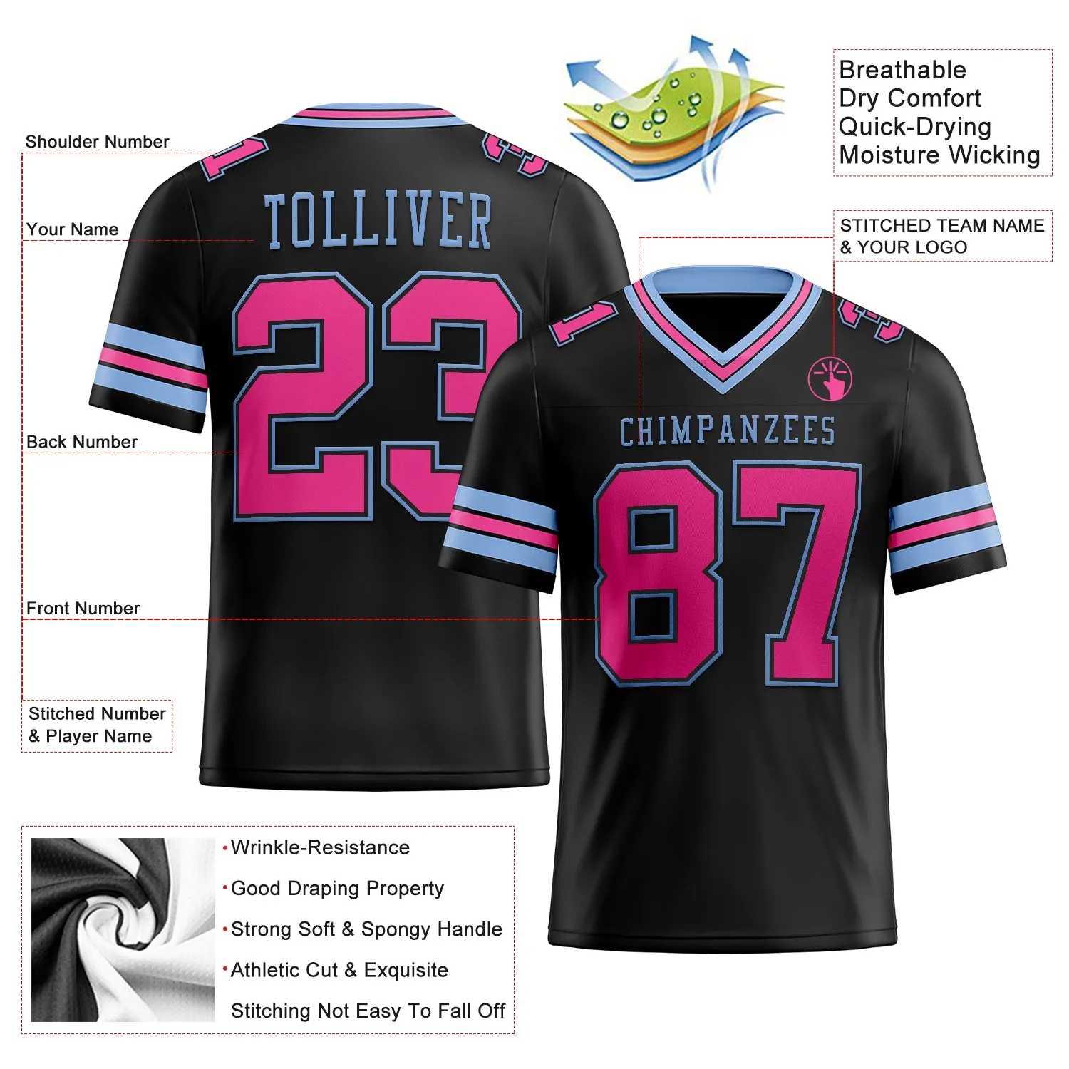 Custom Black Pink-Light Blue Mesh Authentic Football Jersey