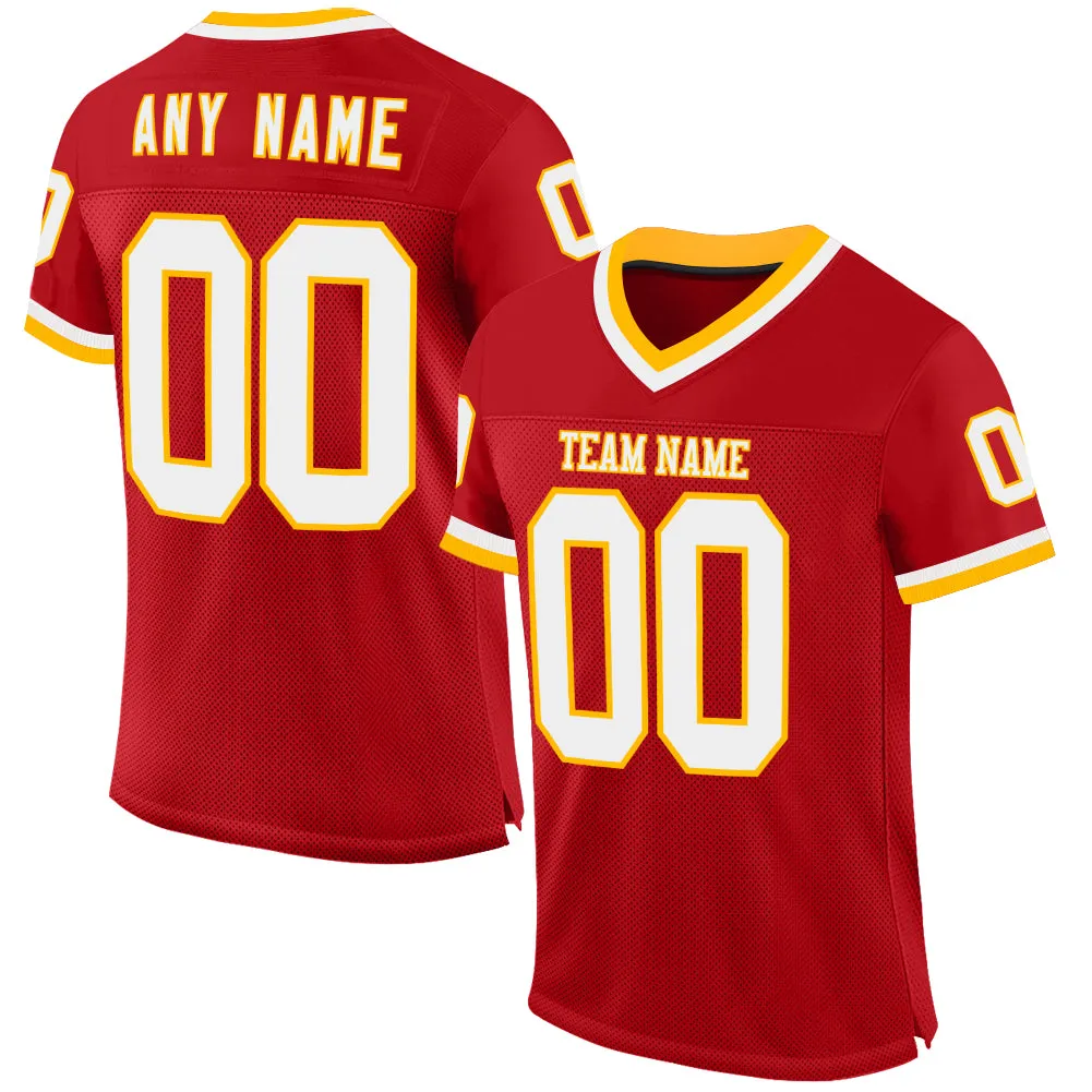 Custom Red White-Gold Mesh Authentic Throwback Football Jersey