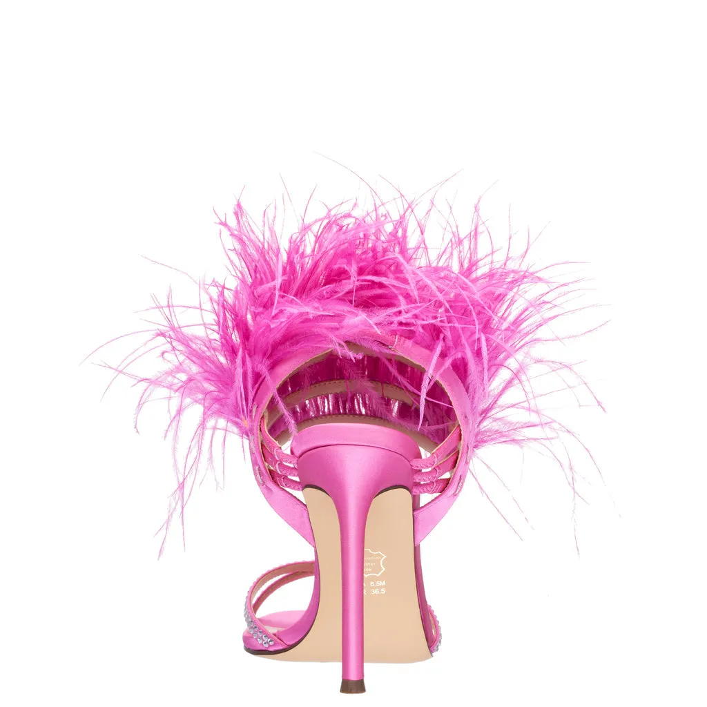 DALVA Satin Crystal Feather Stiletto Sandals