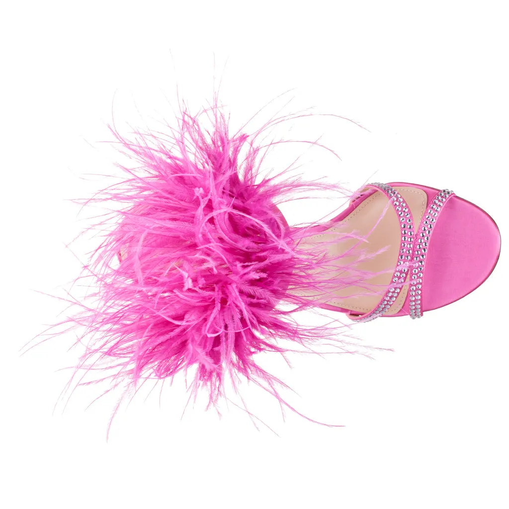 DALVA Satin Crystal Feather Stiletto Sandals