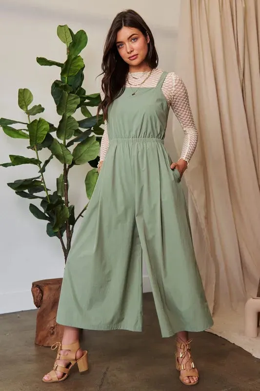 Davi & Dani Creased Wide Legs Elastic Waist Jumpsuit
