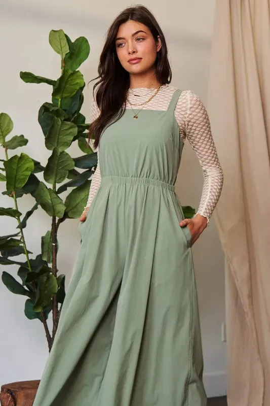 Davi & Dani Creased Wide Legs Elastic Waist Jumpsuit