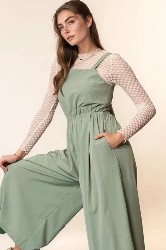 Davi & Dani Creased Wide Legs Elastic Waist Jumpsuit