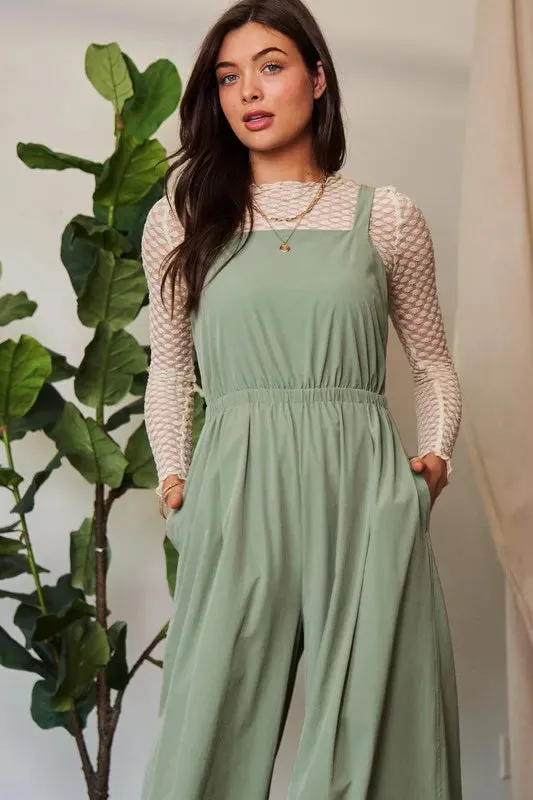 Davi & Dani Creased Wide Legs Elastic Waist Jumpsuit