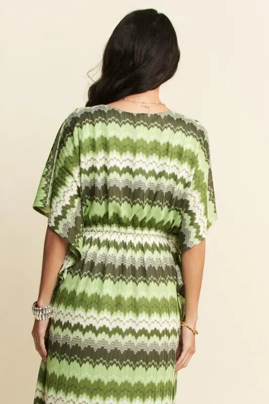 Davi & Dani Multi Color Wavy Tie Waist Flowy Sleeve Dress