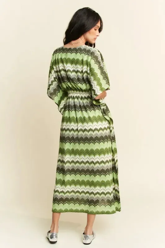 Davi & Dani Multi Color Wavy Tie Waist Flowy Sleeve Dress