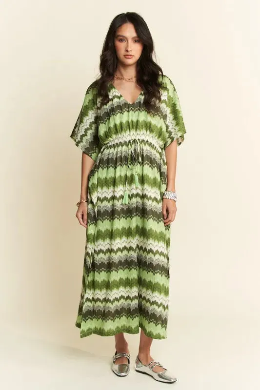Davi & Dani Multi Color Wavy Tie Waist Flowy Sleeve Dress
