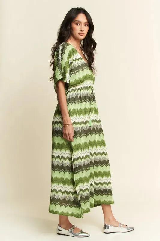 Davi & Dani Multi Color Wavy Tie Waist Flowy Sleeve Dress