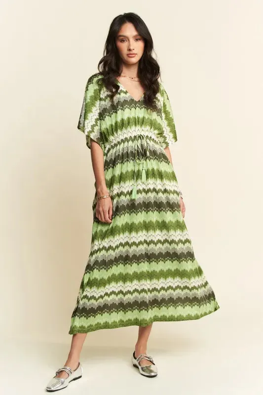 Davi & Dani Multi Color Wavy Tie Waist Flowy Sleeve Dress
