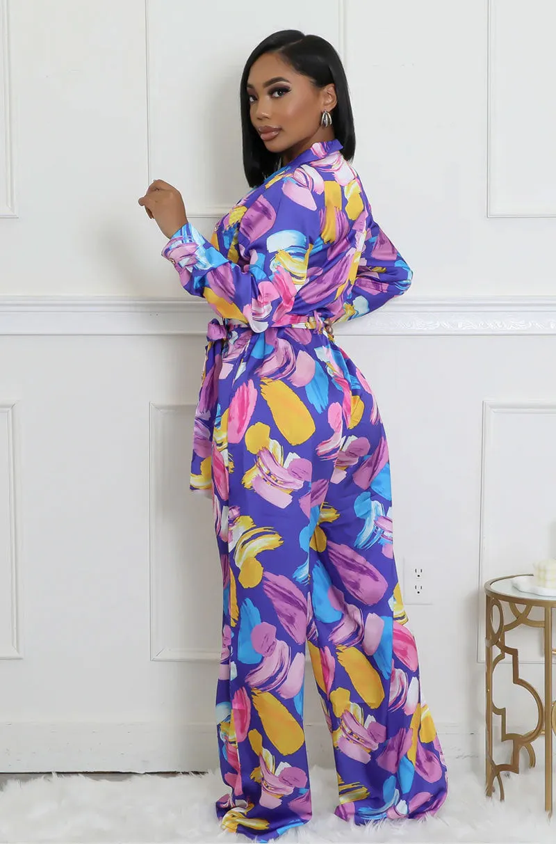 Elegant Printed High-Waist Wide-Leg Jumpsuit with Long Sleeves