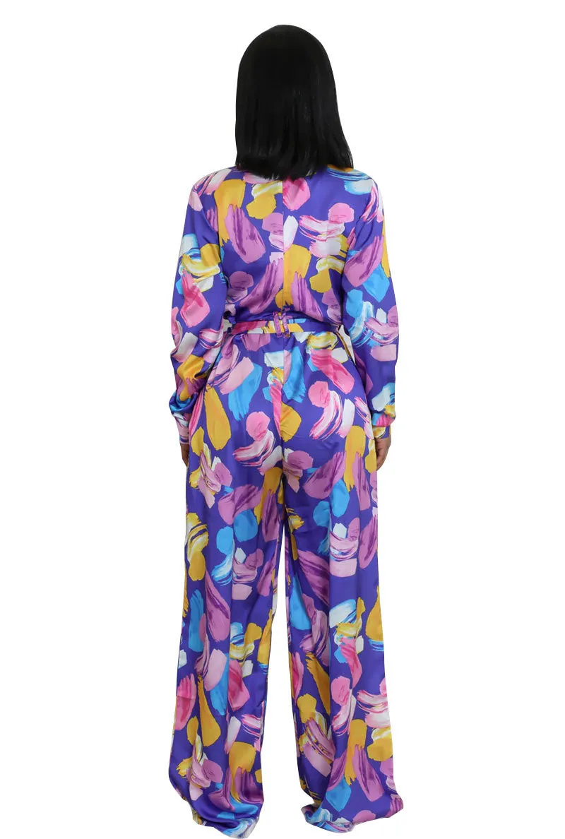 Elegant Printed High-Waist Wide-Leg Jumpsuit with Long Sleeves