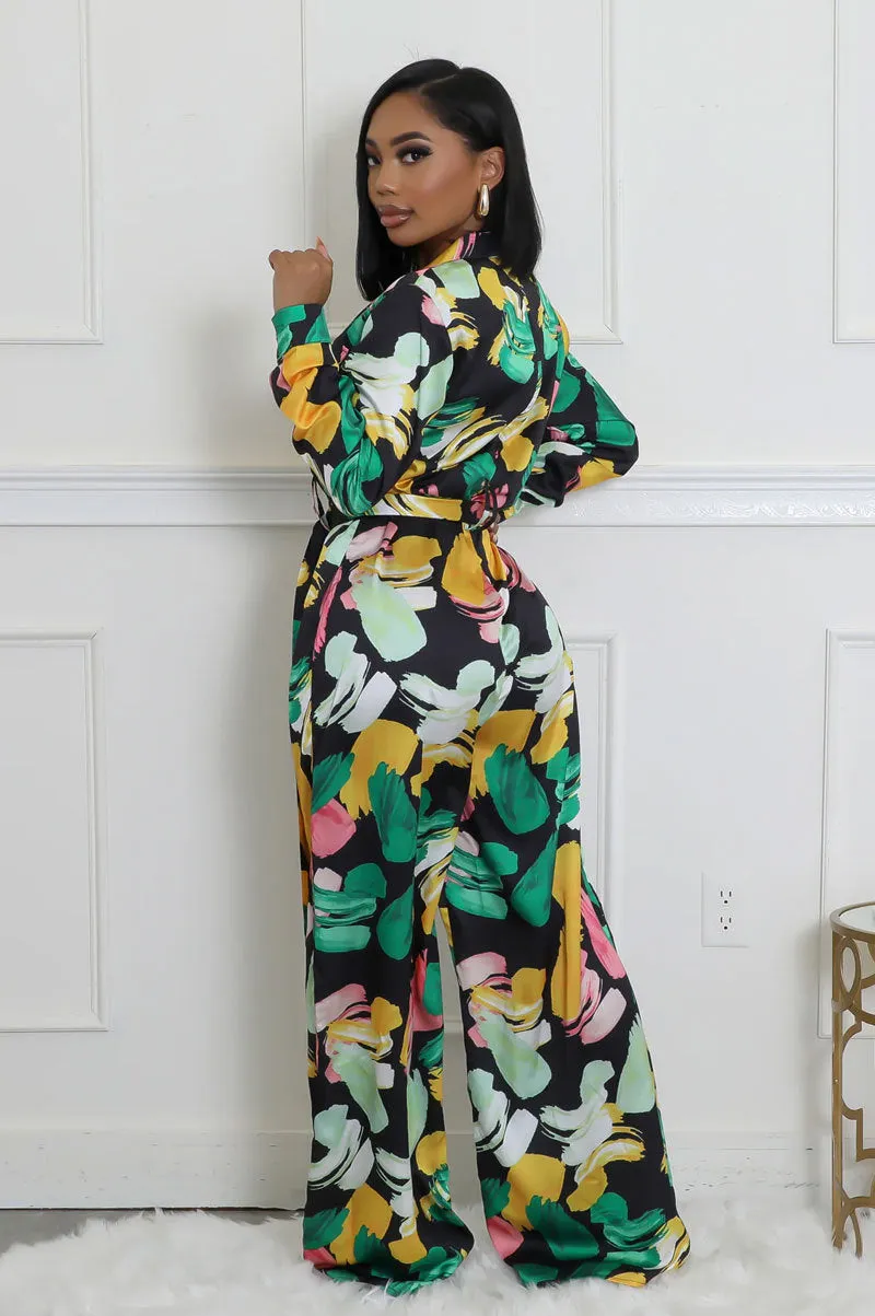 Elegant Printed High-Waist Wide-Leg Jumpsuit with Long Sleeves
