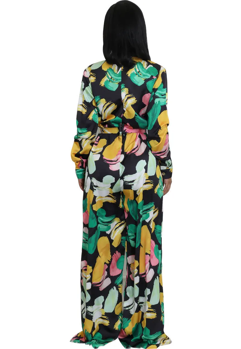 Elegant Printed High-Waist Wide-Leg Jumpsuit with Long Sleeves
