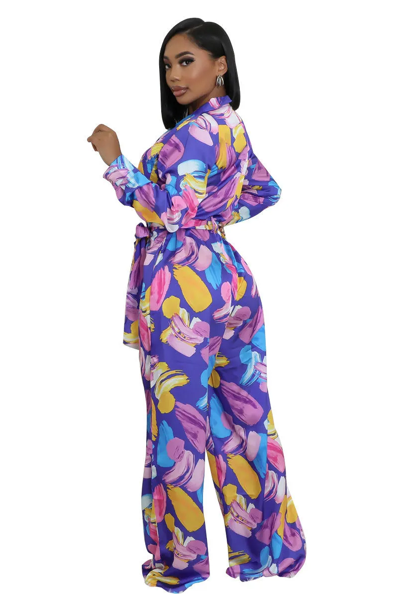 Elegant Printed High-Waist Wide-Leg Jumpsuit with Long Sleeves
