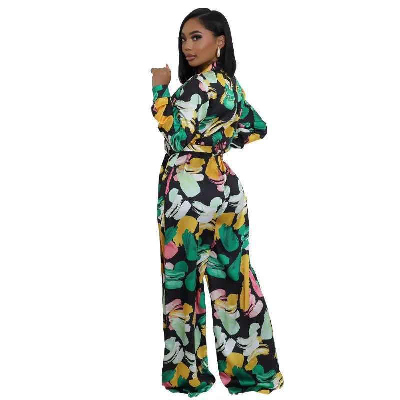 Elegant Printed High-Waist Wide-Leg Jumpsuit with Long Sleeves