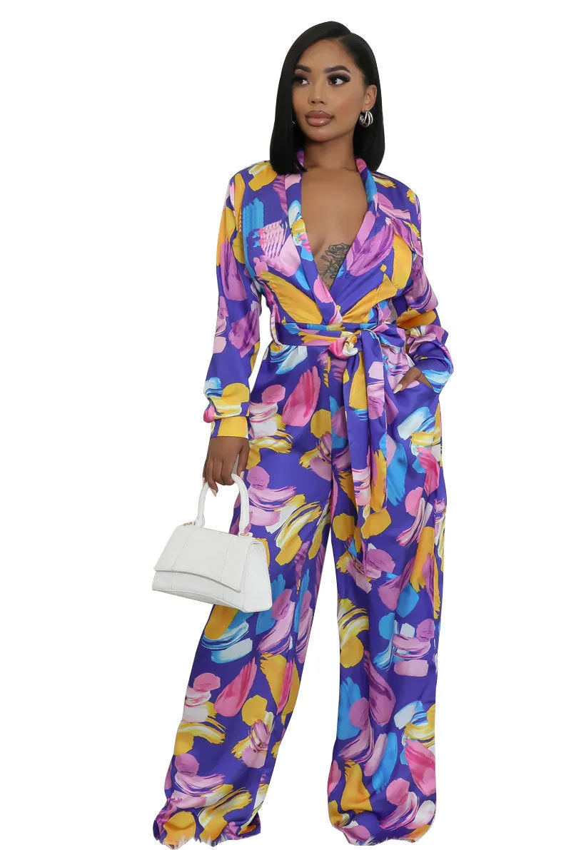 Elegant Printed High-Waist Wide-Leg Jumpsuit with Long Sleeves