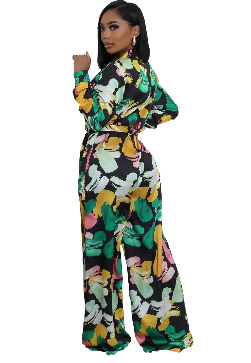 Elegant Printed High-Waist Wide-Leg Jumpsuit with Long Sleeves