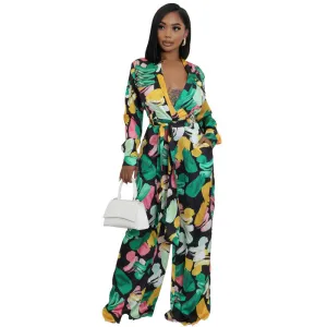 Elegant Printed High-Waist Wide-Leg Jumpsuit with Long Sleeves