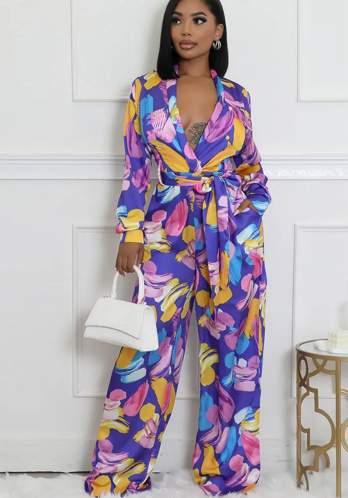 Elegant Printed High-Waist Wide-Leg Jumpsuit with Long Sleeves