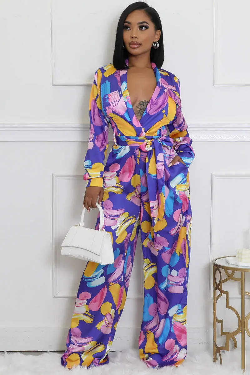 Elegant Printed High-Waist Wide-Leg Jumpsuit with Long Sleeves