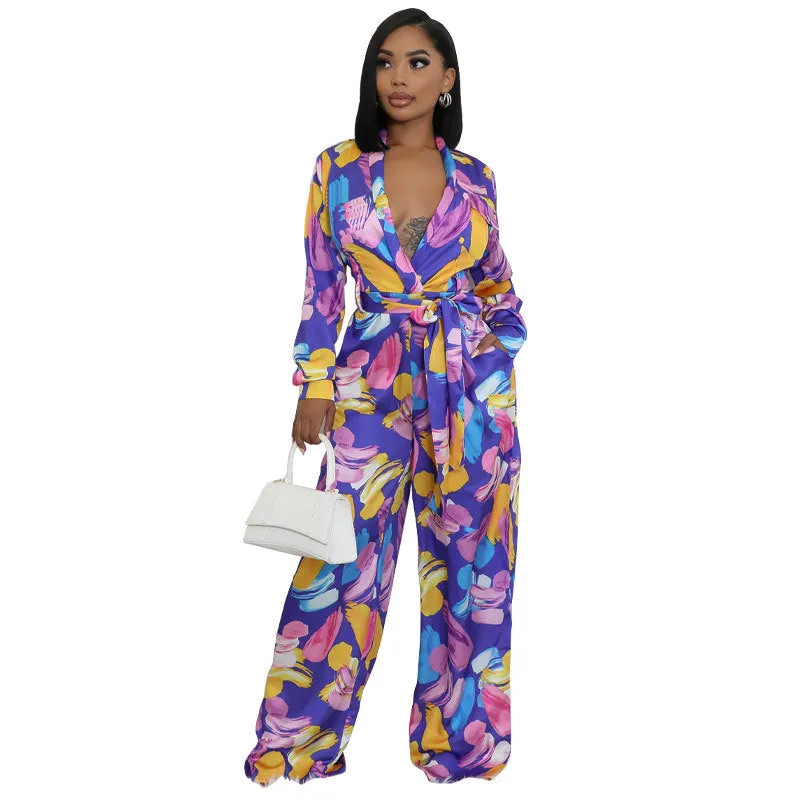 Elegant Printed High-Waist Wide-Leg Jumpsuit with Long Sleeves