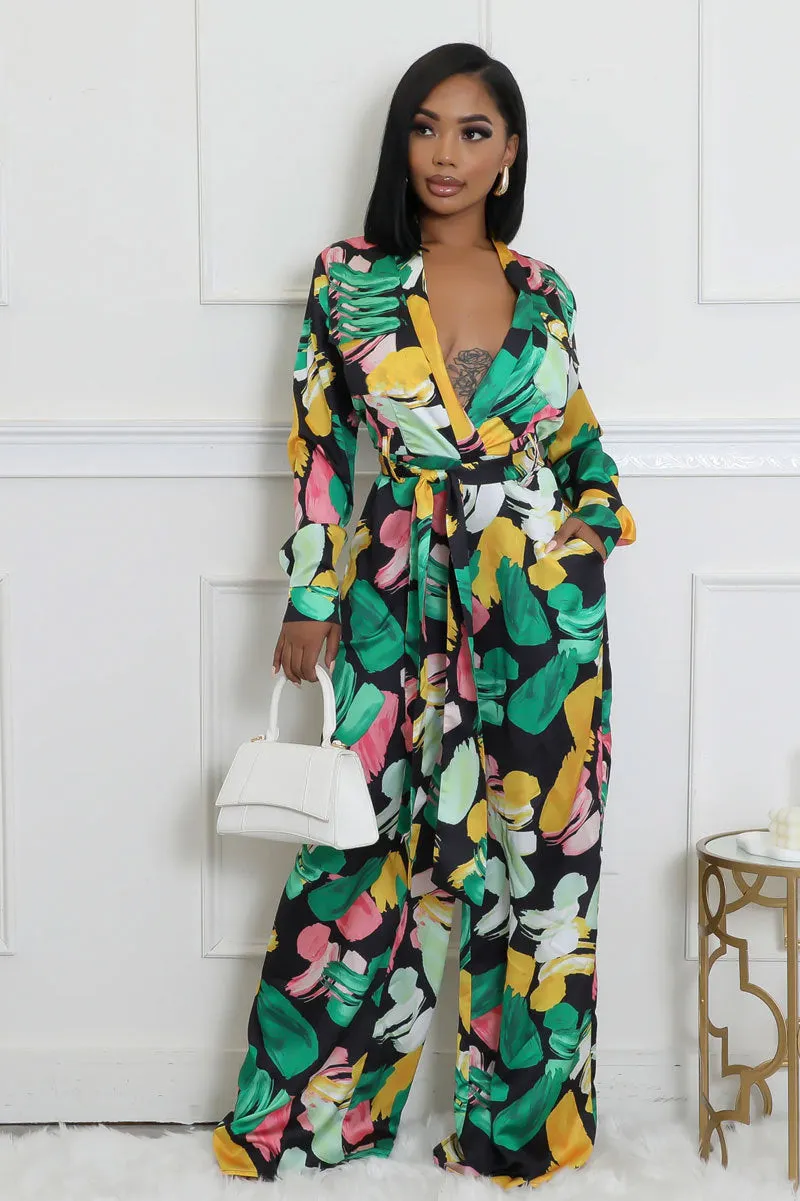 Elegant Printed High-Waist Wide-Leg Jumpsuit with Long Sleeves