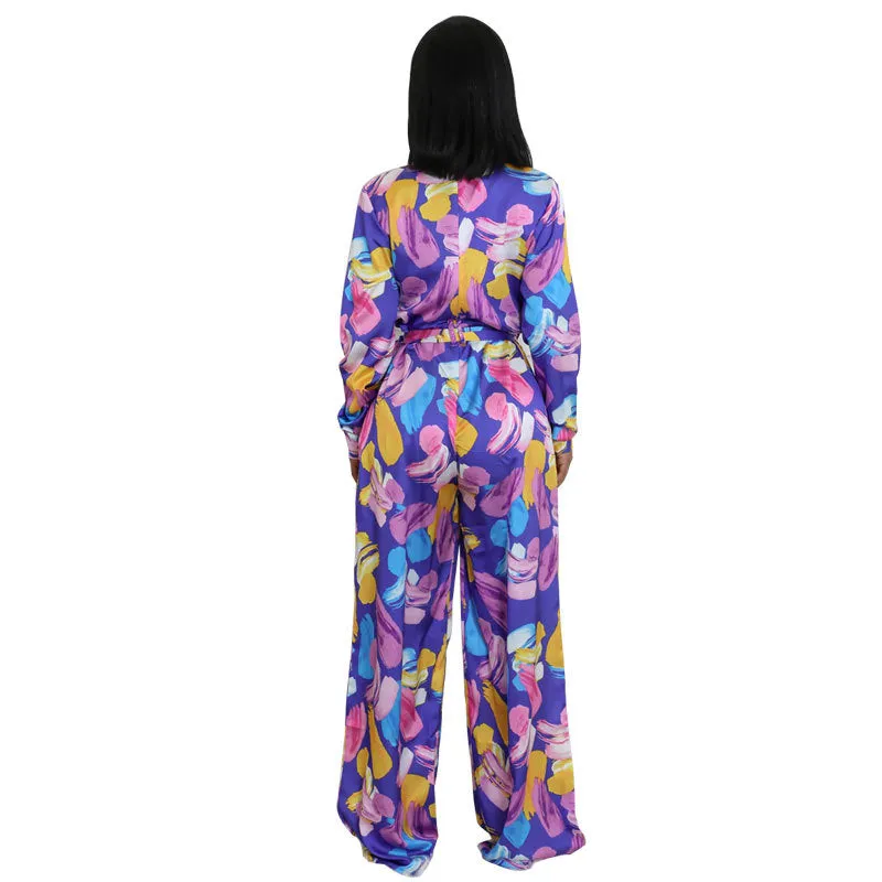 Elegant Printed High-Waist Wide-Leg Jumpsuit with Long Sleeves