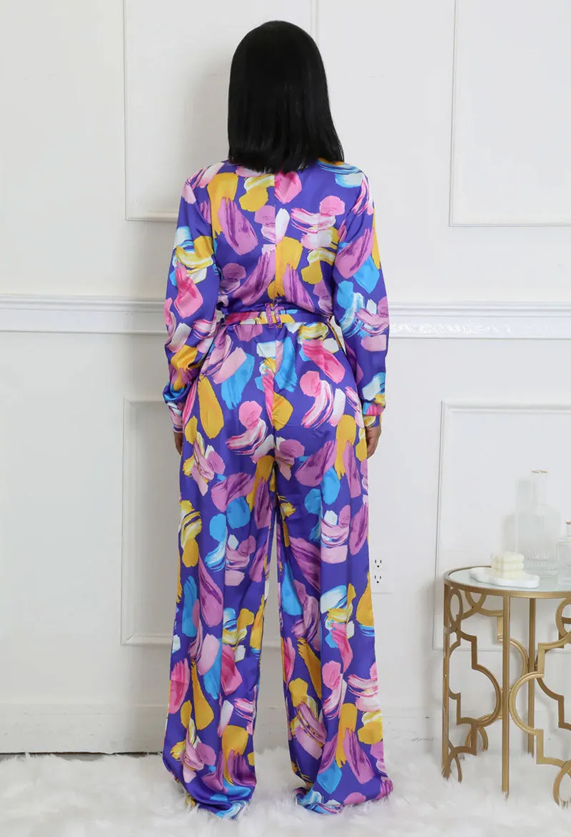 Elegant Printed High-Waist Wide-Leg Jumpsuit with Long Sleeves