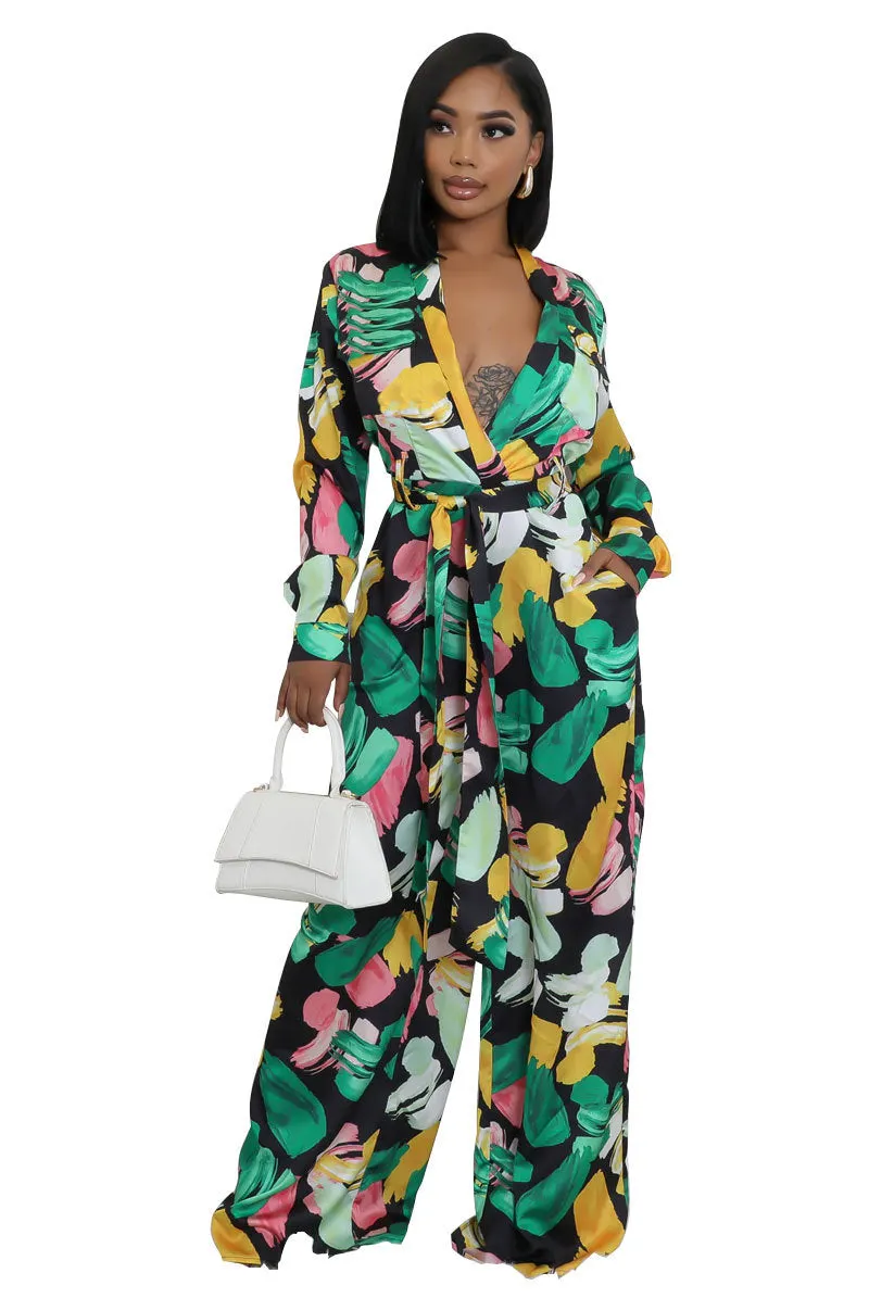 Elegant Printed High-Waist Wide-Leg Jumpsuit with Long Sleeves