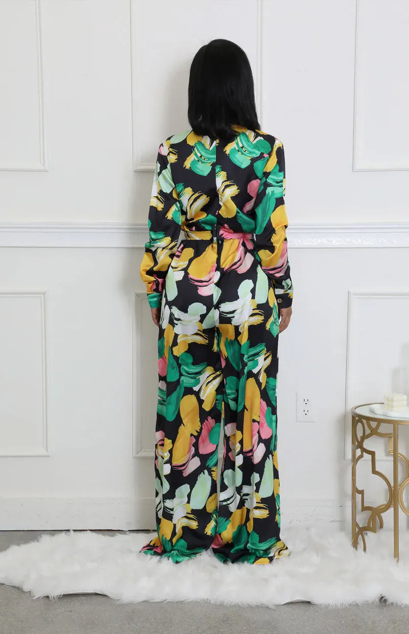 Elegant Printed High-Waist Wide-Leg Jumpsuit with Long Sleeves