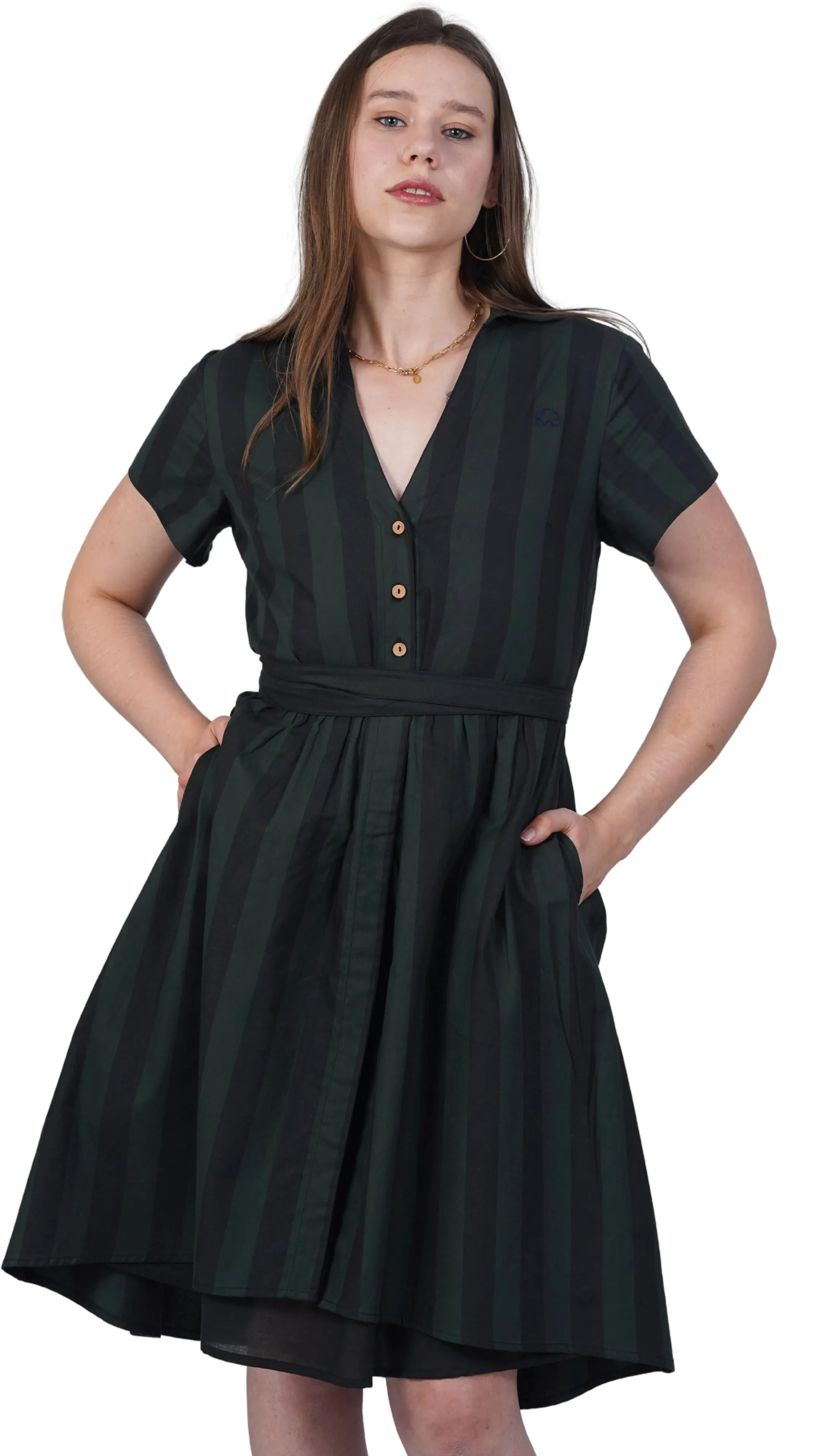 Elevate Your Style Sustainably: Green & Black Striped Elegance Slit Dress