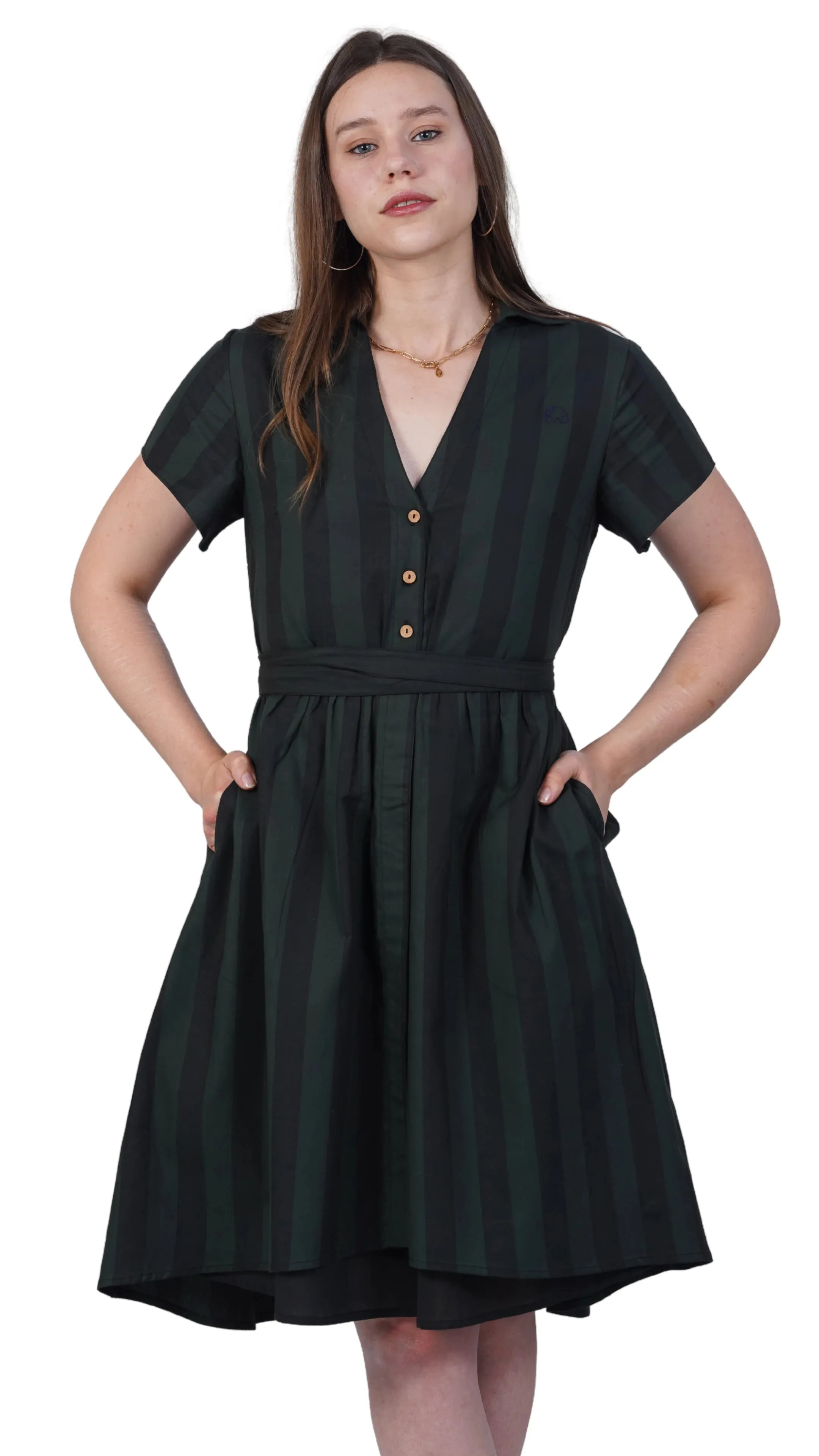 Elevate Your Style Sustainably: Green & Black Striped Elegance Slit Dress