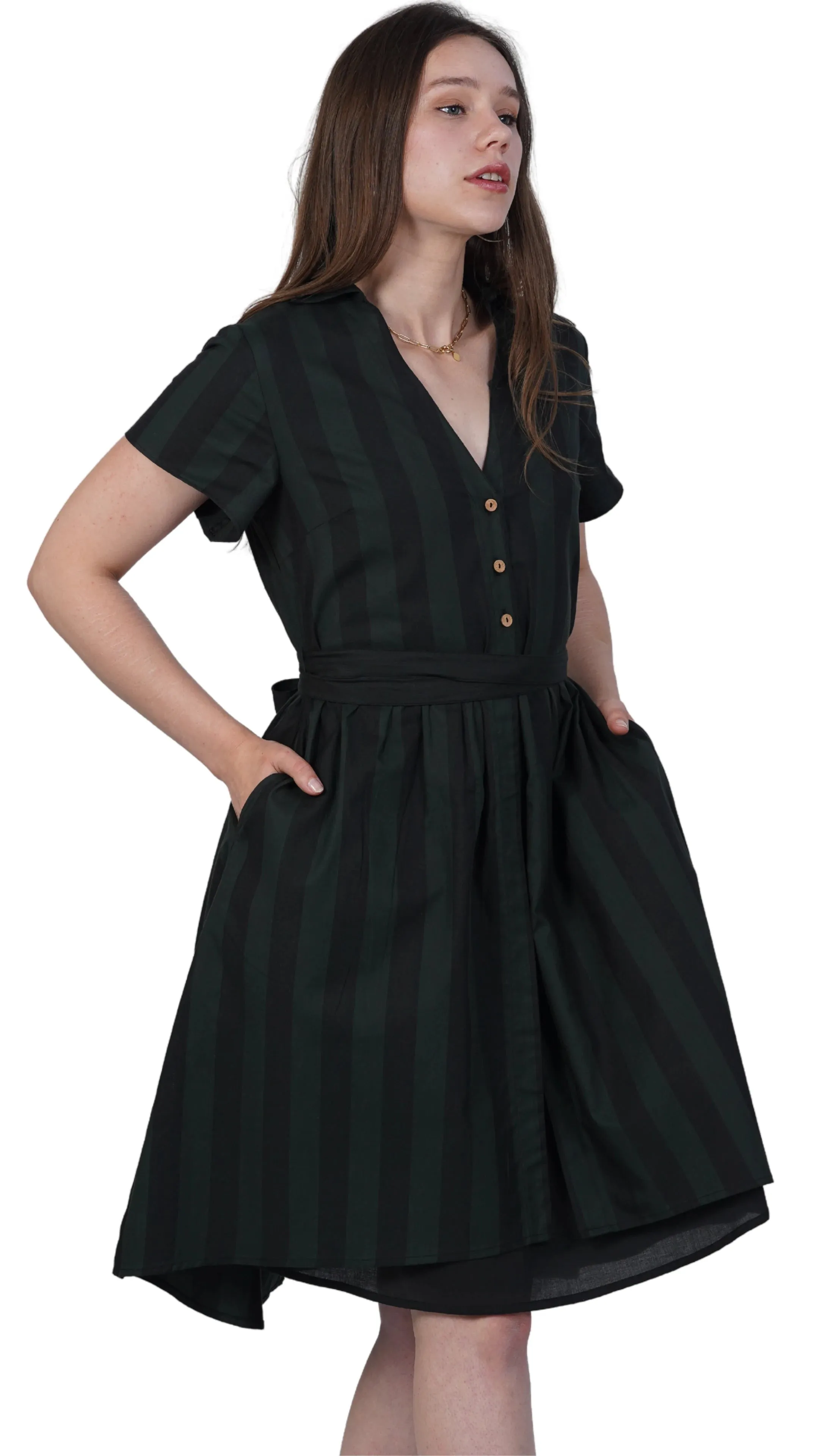 Elevate Your Style Sustainably: Green & Black Striped Elegance Slit Dress