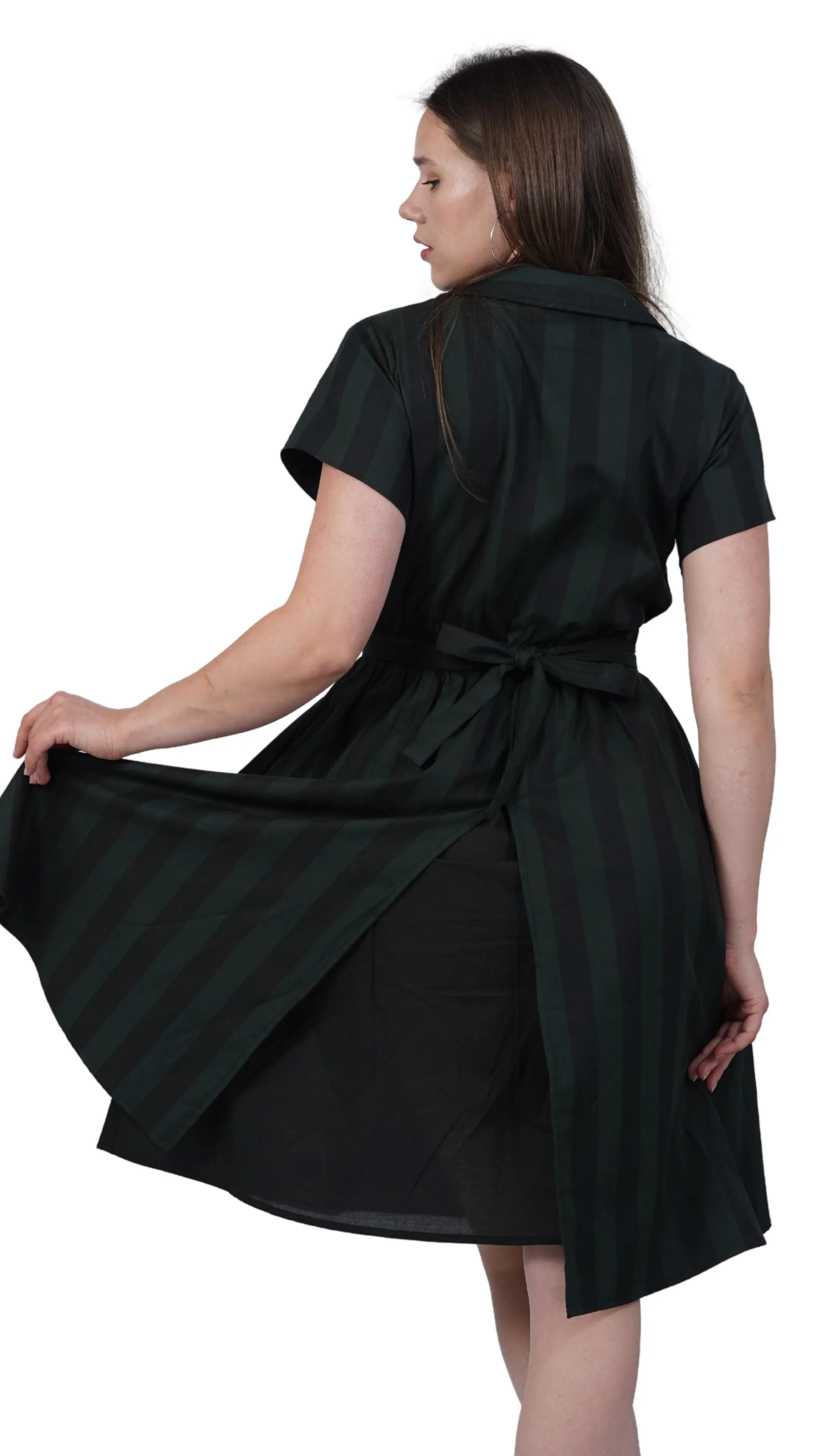 Elevate Your Style Sustainably: Green & Black Striped Elegance Slit Dress