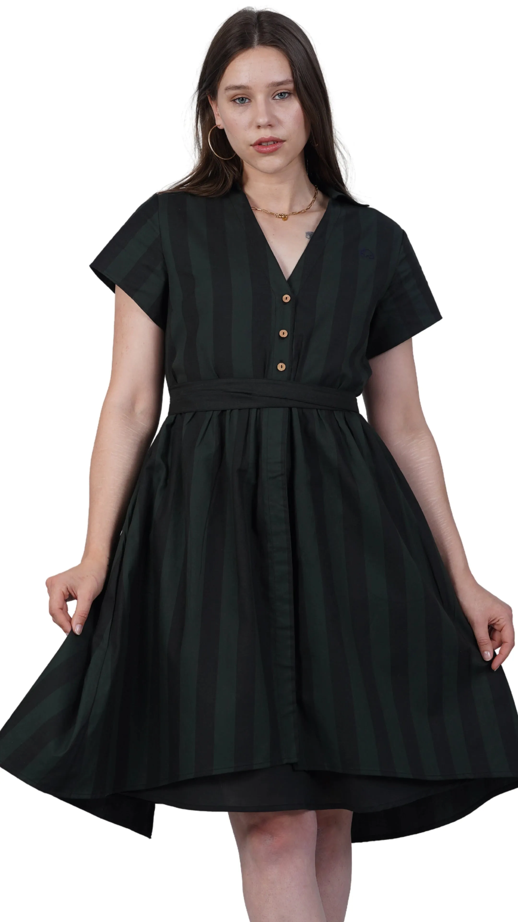 Elevate Your Style Sustainably: Green & Black Striped Elegance Slit Dress