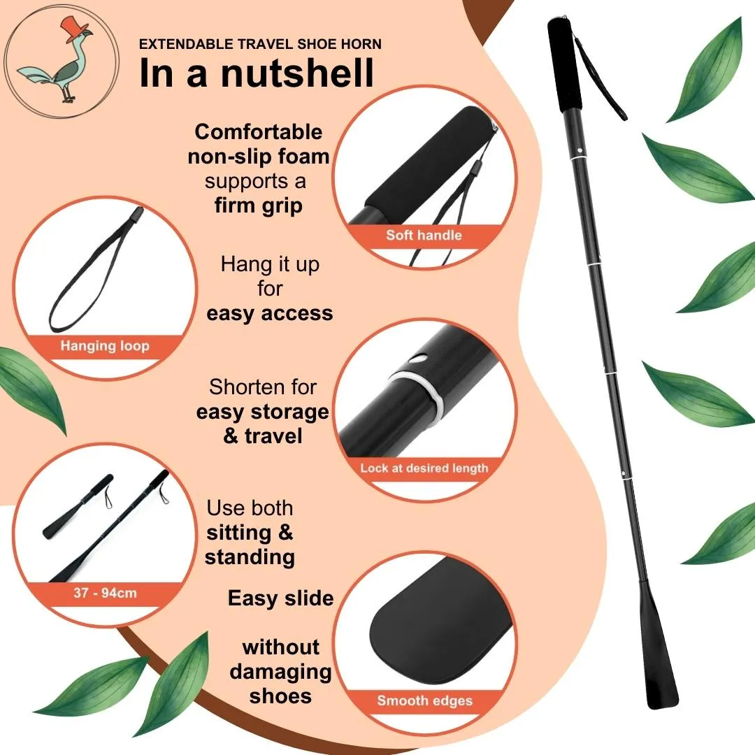Extendable extra long travel shoe horn