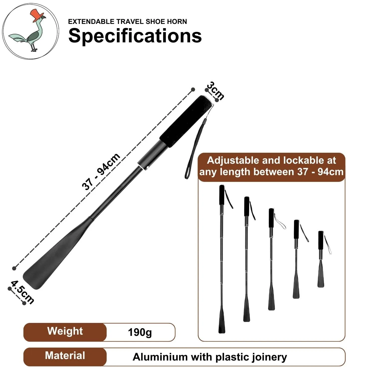Extendable extra long travel shoe horn