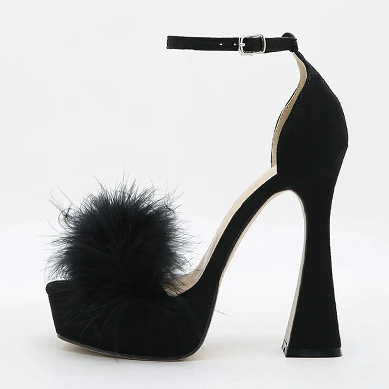 Fashion Pink Feather Fluffy High Heels Platform Sandals Women