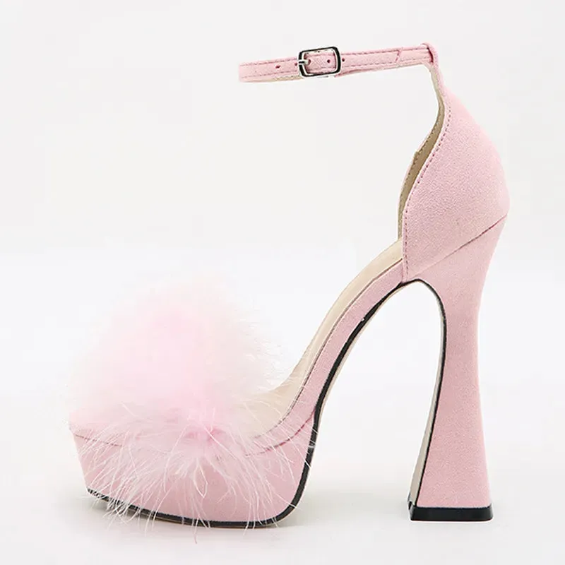 Fashion Pink Feather Fluffy High Heels Platform Sandals Women