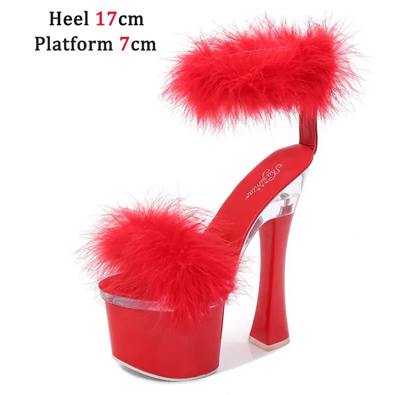 Feather Thick High Heels Platform Sandals