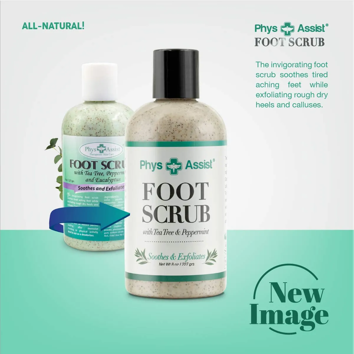Foot Scrub 8 Oz. with Tea Tree, Peppermint Soothes and Exfoliates Promoting a Deep Cooling Sensation Leaving Feet Feeling Calm and Refreshed.