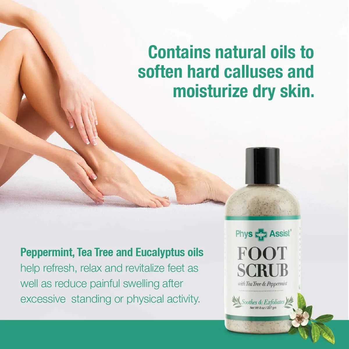Foot Scrub 8 Oz. with Tea Tree, Peppermint Soothes and Exfoliates Promoting a Deep Cooling Sensation Leaving Feet Feeling Calm and Refreshed.