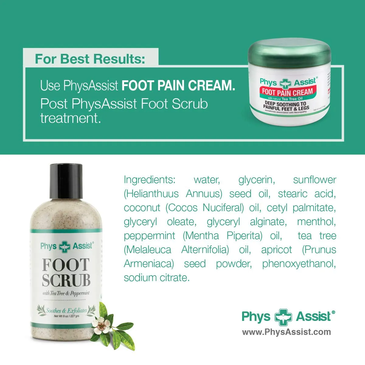 Foot Scrub 8 Oz. with Tea Tree, Peppermint Soothes and Exfoliates Promoting a Deep Cooling Sensation Leaving Feet Feeling Calm and Refreshed.