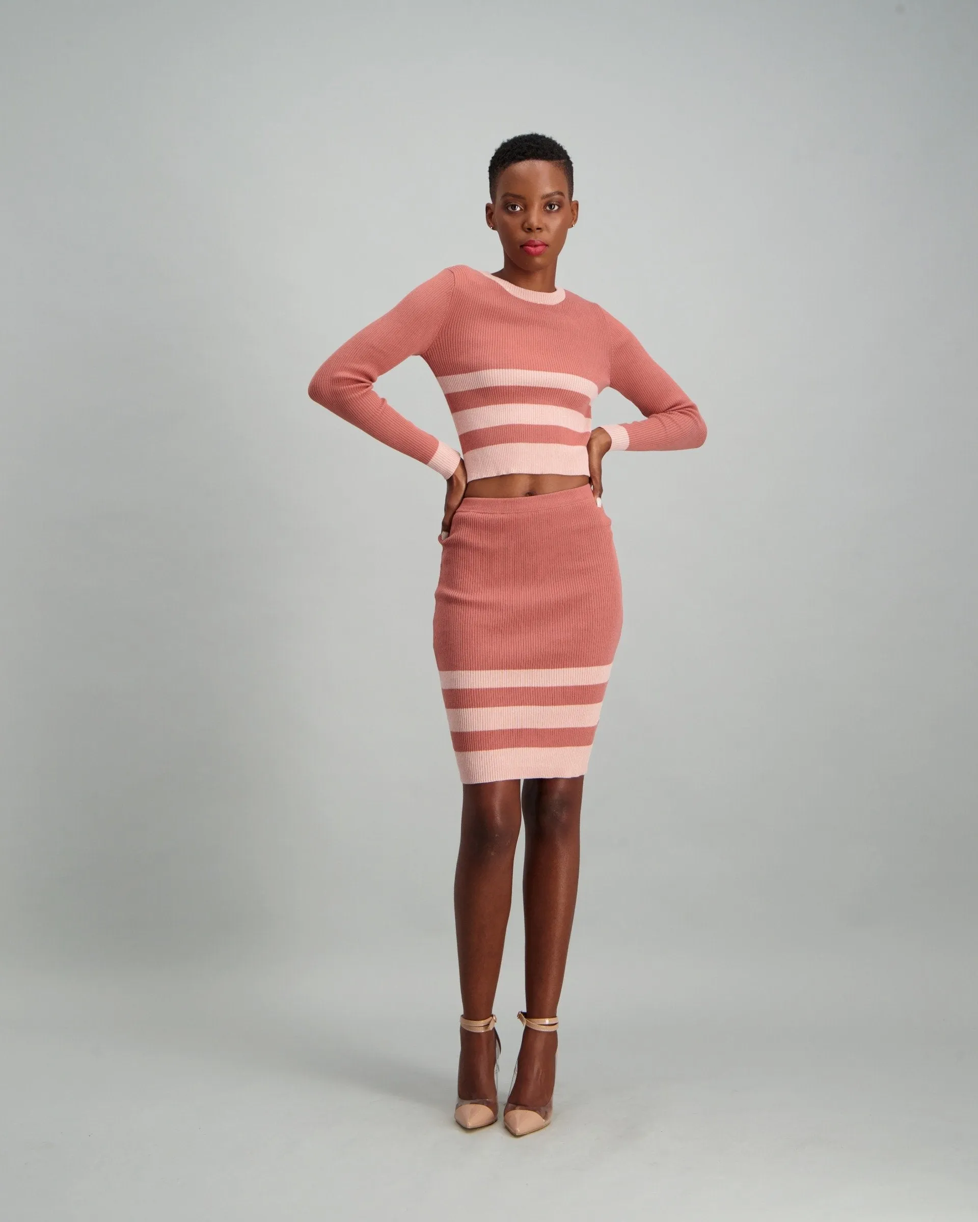 Ladies Contrast Stripe Knitwear Skirt - Pink