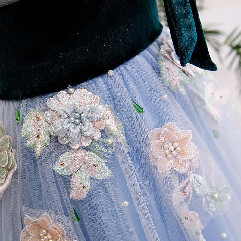 Light Blue Tulle with Flowers Lace Long Evening Dress Prom Dress, A-line Party Dresses