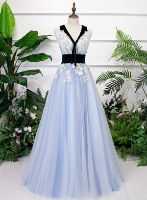 Light Blue Tulle with Flowers Lace Long Evening Dress Prom Dress, A-line Party Dresses