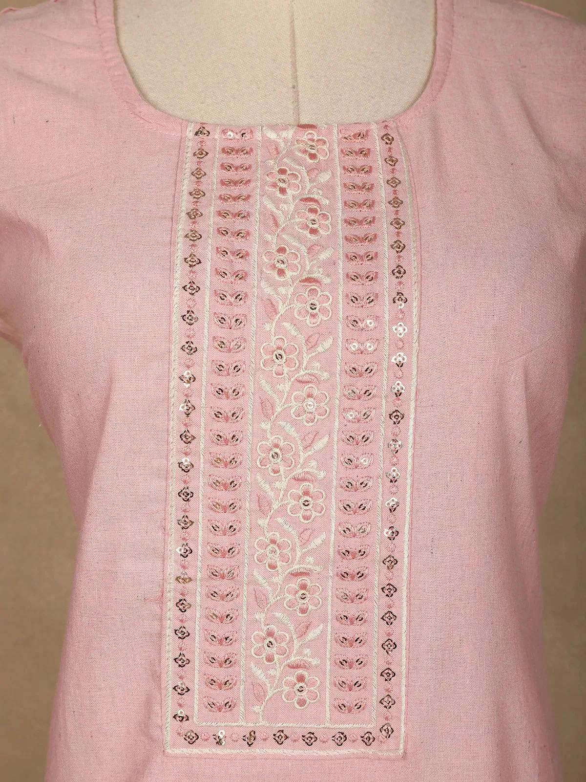 Light Pink Floral Designed Cotton Kurti