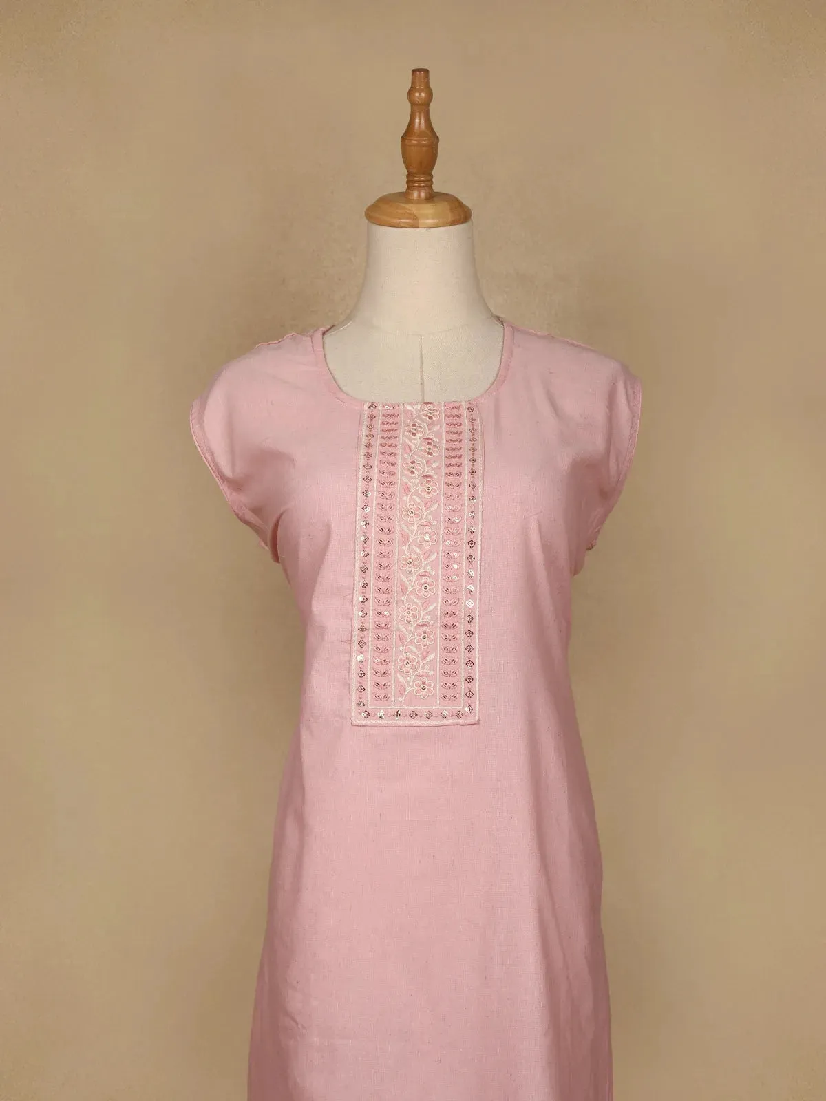 Light Pink Floral Designed Cotton Kurti